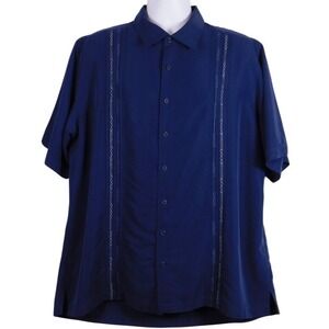 Cubavera Men‎ Geo Embroidered Panel Blue Button Up Short Sleeve  XLT  C142